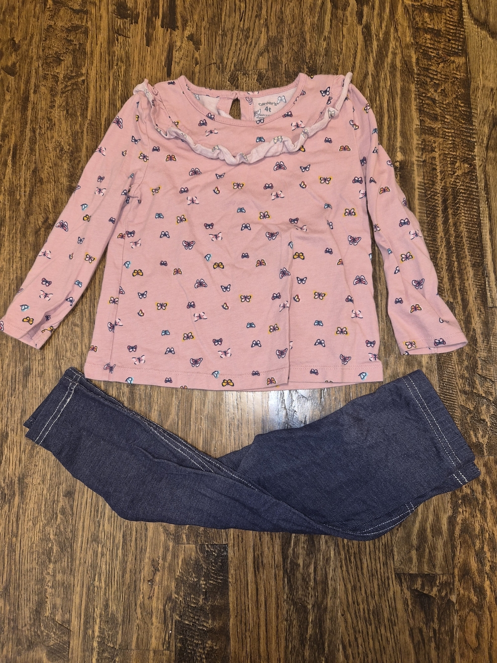 Girls Carter's Pink Butterfly Ruffle Neck Long Sleeve Top Navy Leggings 4T - Picture 1 of 10